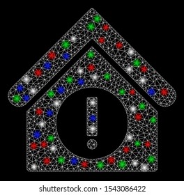 Bright mesh danger building with glare effect. White wire carcass polygonal mesh in vector format on a black background. Abstract 2d mesh designed with polygonal grid, dots, colored glare spots.