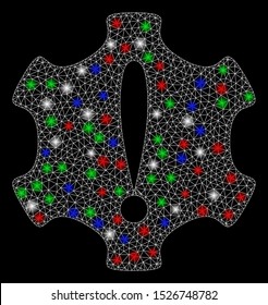 Bright mesh danger with glow effect. White wire carcass polygonal mesh in vector format on a black background. Abstract 2d mesh designed with polygonal grid, dots, colorful glare spots.