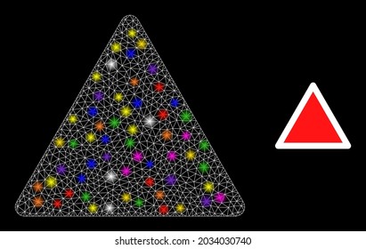 Bright mesh danger triangle template constellation icon with light spots. Illuminated vector constellation based on danger triangle template icon.