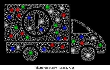 Bright mesh dangerous truck with lightspot effect. White wire frame triangular mesh in vector format on a black background. Abstract 2d mesh designed with triangular lines, round dots,