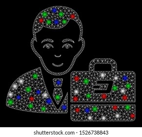 Bright mesh Dash accounter with glow effect. White wire carcass triangular mesh in vector format on a black background. Abstract 2d mesh designed with triangular lines, round dots,
