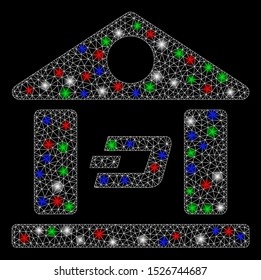 Bright mesh Dash bank building with glare effect. White wire carcass polygonal mesh in vector format on a black background. Abstract 2d mesh designed with polygonal grid, points, colorful flare spots.