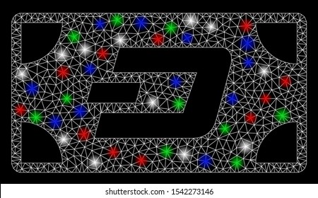 Bright mesh Dash banknote with glare effect. White wire frame triangular mesh in vector format on a black background. Abstract 2d mesh designed with triangular lines, round dots, colorful glare spots.