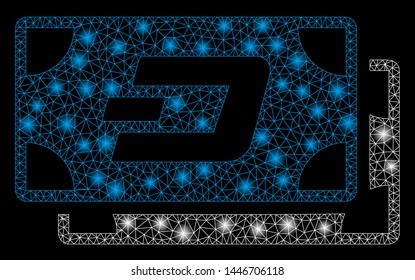 Bright mesh Dash banknotes with glow effect. Abstract illuminated model of Dash banknotes icon. Shiny wire carcass polygonal mesh Dash banknotes abstraction in vector format on a black background.