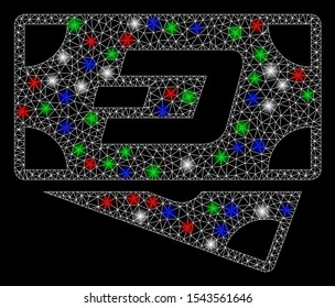 Bright mesh Dash banknotes with lightspot effect. White wire carcass triangular mesh in vector format on a black background. Abstract 2d mesh designed with triangular lines, round dots,