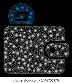 Bright mesh Dash billfold with glow effect. Abstract illuminated model of Dash billfold icon. Shiny wire frame triangular mesh Dash billfold abstraction in vector format on a black background.