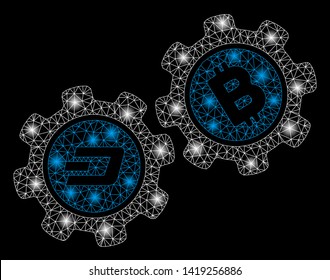 Bright mesh Dash Bitcoin gears with lightspot effect. Abstract illuminated model of Dash Bitcoin gears icon.
