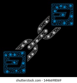 Bright mesh Dash blockchain with glare effect. Abstract illuminated model of Dash blockchain icon. Shiny wire frame polygonal mesh Dash blockchain abstraction in vector format on a black background.