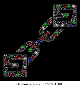 Bright mesh Dash blockchain with glare effect. White wire carcass polygonal mesh in vector format on a black background. Abstract 2d mesh created from polygonal grid, round dots, colorful flare spots.