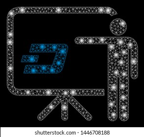 Bright mesh Dash board presentation person with lightspot effect. Abstract illuminated model of Dash board presentation person icon.