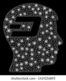 Bright mesh Dash brain with glare effect. Abstract illuminated model of Dash brain icon. Shiny wire frame triangular mesh Dash brain abstraction in vector format on a black background.