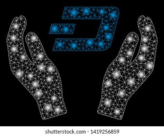 Bright mesh Dash care hands with glare effect. Abstract illuminated model of Dash care hands icon. Shiny wire carcass polygonal mesh Dash care hands abstraction in vector format on a black background.