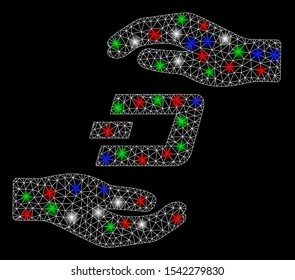 Bright mesh Dash care hands with glare effect. White wire carcass polygonal mesh in vector format on a black background. Abstract 2d mesh built from triangles, dots, colorful glare spots.