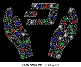 Bright mesh Dash care hands with glow effect. White wire frame polygonal mesh in vector format on a black background. Abstract 2d mesh designed with polygonal grid, round dots, colorful light spots.