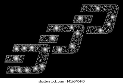 Bright mesh Dash chain with glare effect. Abstract illuminated model of Dash chain icon. Shiny wire carcass triangular mesh Dash chain abstraction in vector format on a black background.