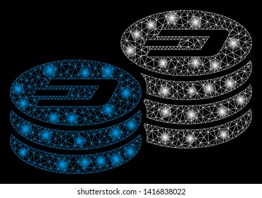 Bright mesh Dash coin columns with lightspot effect. Abstract illuminated model of Dash coin columns icon.
