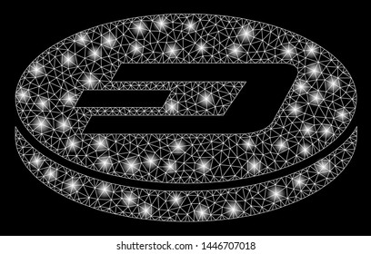 Bright mesh Dash coin with glare effect. Abstract illuminated model of Dash coin icon. Shiny wire frame triangular mesh Dash coin abstraction in vector format on a black background.