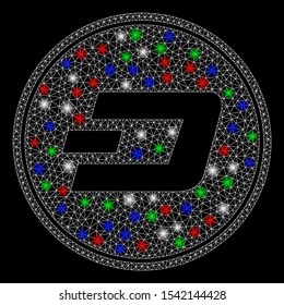 Bright mesh Dash coin with glare effect. White wire carcass polygonal mesh in vector format on a black background. Abstract 2d mesh designed with polygonal grid, spheric points, colored glare spots.