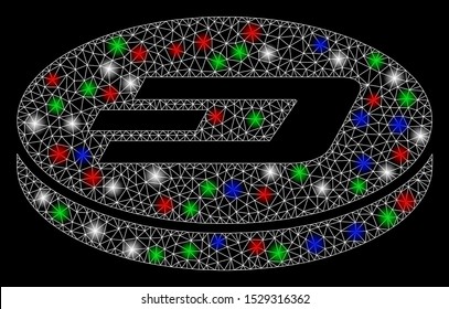 Bright mesh Dash coin with glow effect. White wire carcass triangular mesh in vector format on a black background. Abstract 2d mesh designed with triangular lines, small circle, colorful glare spots.