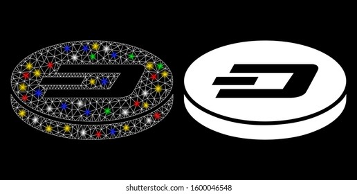 Bright mesh Dash coin icon with glare effect. Abstract illuminated model of Dash coin. Shiny wire carcass triangular mesh Dash coin icon. Vector abstraction on a black background.