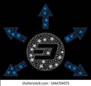 Bright mesh Dash coin payout arrows with glare effect. Abstract illuminated model of Dash coin payout arrows icon.