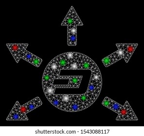 Bright mesh Dash coin payout arrows with lightspot effect. White wire frame triangular mesh in vector format on a black background. Abstract 2d mesh designed with triangles, points,