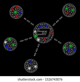 Bright mesh Dash coin relations with lightspot effect. White wire frame triangular mesh in vector format on a black background. Abstract 2d mesh designed with polygonal grid, small circle,