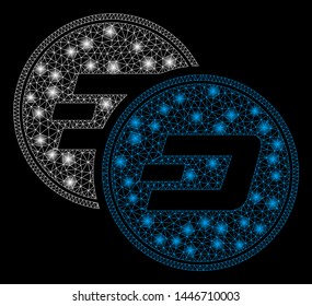 Bright mesh Dash coins with glare effect. Abstract illuminated model of Dash coins icon. Shiny wire frame triangular mesh Dash coins abstraction in vector format on a black background.