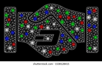Bright mesh Dash contract hands with lightspot effect. White wire carcass triangular mesh in vector format on a black background. Abstract 2d mesh designed with triangles, round dots,