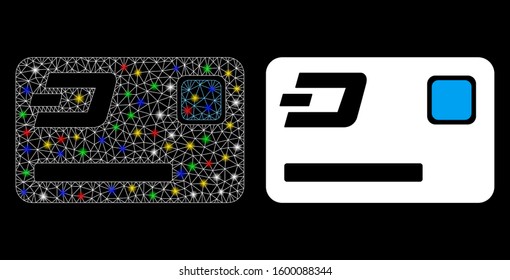 Bright mesh Dash credit card icon with glitter effect. Abstract illuminated model of Dash credit card. Shiny wire carcass polygonal mesh Dash credit card icon.