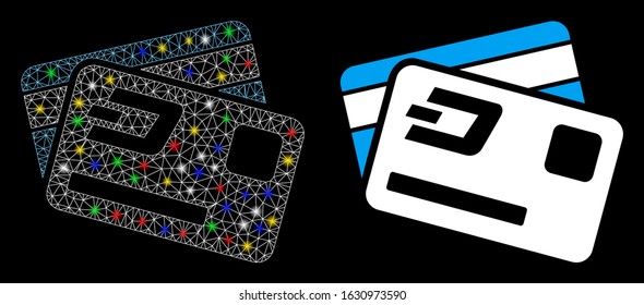 Bright mesh Dash credit cards icon with glow effect. Abstract illuminated model of Dash credit cards. Shiny wire frame triangular mesh Dash credit cards icon. Vector abstraction on a black background.