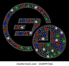 Bright mesh Dash credit time with glare effect. White wire carcass triangular mesh in vector format on a black background. Abstract 2d mesh built from polygonal grid, spheric points,