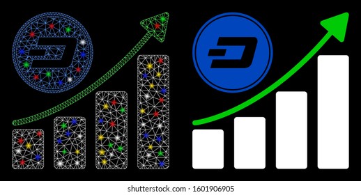Bright mesh Dash growing chart icon with glow effect. Abstract illuminated model of Dash growing chart. Shiny wire frame triangular mesh Dash growing chart icon.