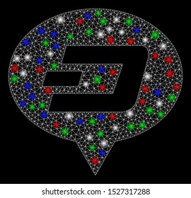 Bright mesh Dash hint balloon with glare effect. White wire carcass polygonal mesh in vector format on a black background. Abstract 2d mesh built from polygonal grid, round dots, colored glare spots.