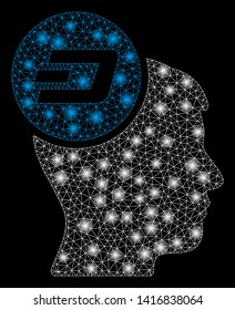 Bright mesh Dash idea head with glare effect. Abstract illuminated model of Dash idea head icon. Shiny wire carcass triangular mesh Dash idea head abstraction in vector format on a black background.