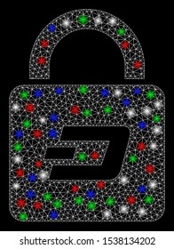 Bright mesh Dash lock with glare effect. White wire carcass polygonal mesh in vector format on a black background. Abstract 2d mesh designed with triangles, round dots, colored glare spots.