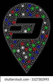 Bright mesh Dash map marker with glare effect. White wire carcass triangular mesh in vector format on a black background. Abstract 2d mesh built from triangular lines, spheric points,