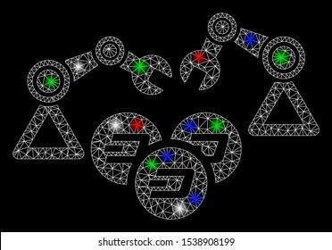 Bright mesh Dash mining robotics with glare effect. White wire carcass triangular mesh in vector format on a black background. Abstract 2d mesh designed with polygonal grid, small circle,