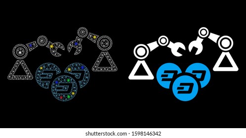 Bright mesh Dash mining robotics icon with glare effect. Abstract illuminated model of Dash mining robotics. Shiny wire carcass triangular mesh Dash mining robotics icon.