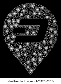 Bright mesh Dash pin with lightspot effect. Abstract illuminated model of Dash pin icon. Shiny wire frame triangular mesh Dash pin abstraction in vector format on a black background.