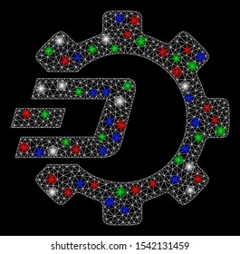 Bright mesh Dash process gear with lightspot effect. White wire carcass polygonal mesh in vector format on a black background. Abstract 2d mesh designed with polygonal grid, round dots,