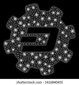 Bright mesh Dash setup gear with glare effect. Abstract illuminated model of Dash setup gear icon. Shiny wire frame triangular mesh Dash setup gear abstraction in vector format on a black background.