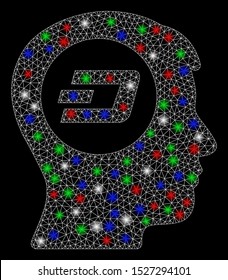 Bright mesh Dash think with lightspot effect. White wire carcass triangular mesh in vector format on a black background. Abstract 2d mesh built from triangular lines, points, colorful light spots.