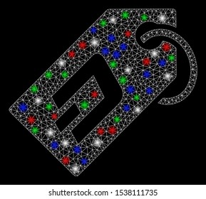 Bright mesh Dash token with lightspot effect. White wire frame triangular mesh in vector format on a black background. Abstract 2d mesh created from triangular lines, points, colorful light spots.