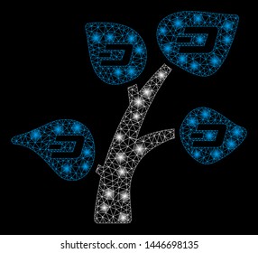 Bright mesh Dash tree with glow effect. Abstract illuminated model of Dash tree icon. Shiny wire carcass triangular mesh Dash tree abstraction in vector format on a black background.