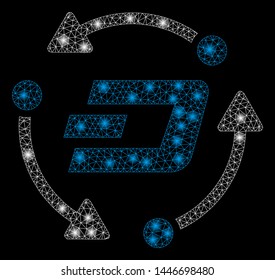 Bright mesh Dash turnover with glow effect. Abstract illuminated model of Dash turnover icon. Shiny wire carcass polygonal mesh Dash turnover abstraction in vector format on a black background.