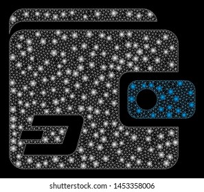 Bright mesh Dash wallet with glare effect. Abstract illuminated model of Dash wallet icon. Shiny wire frame triangular mesh Dash wallet abstraction in vector format on a black background.