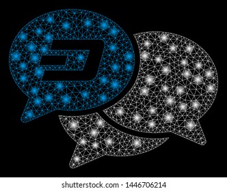 Bright mesh Dash webinar with glare effect. Abstract illuminated model of Dash webinar icon. Shiny wire carcass polygonal mesh Dash webinar abstraction in vector format on a black background.