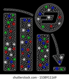 Bright mesh Dashcoin epic fail chart with glare effect. White wire carcass polygonal mesh in vector format on a black background. Abstract 2d mesh built from polygonal grid, dots,