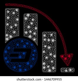 Bright mesh Dashcoin falling acceleration chart with lightspot effect. Abstract illuminated model of Dashcoin falling acceleration chart icon.